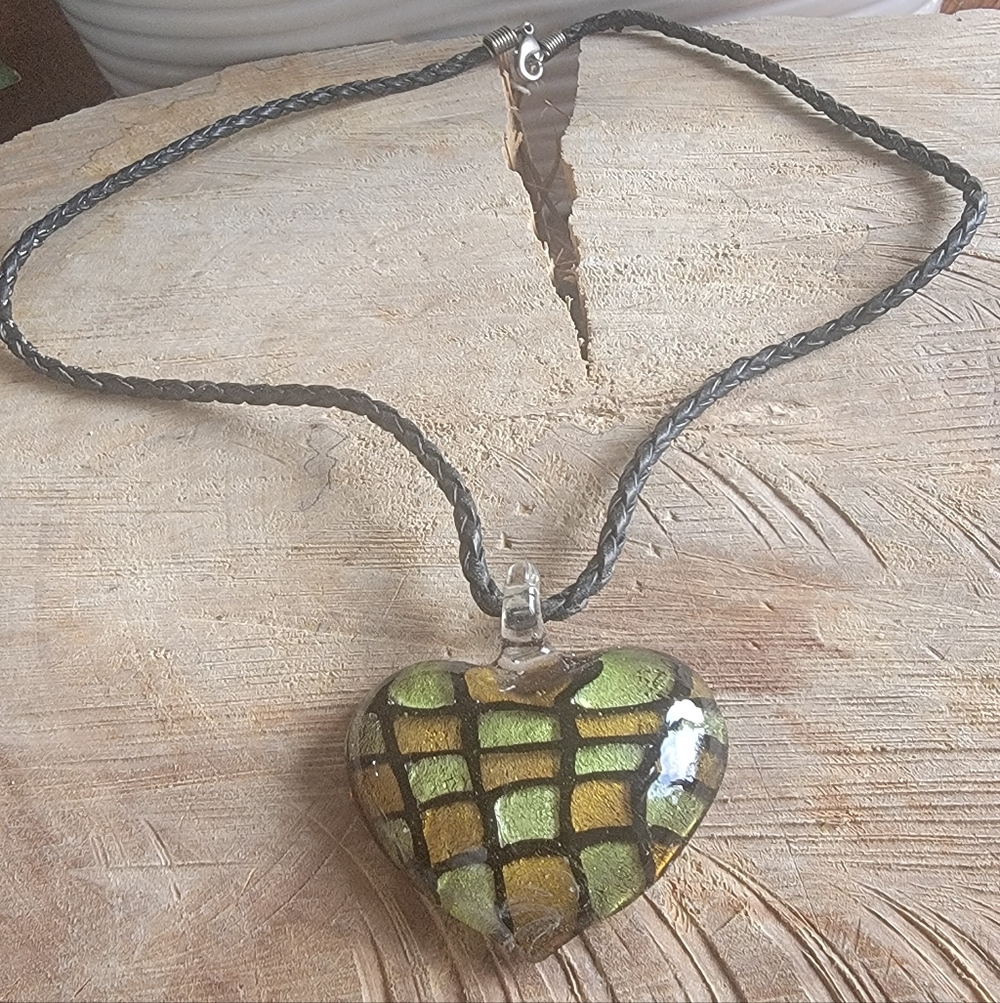 Beautiful Large checkered glass heart pendant on a choker necklace.